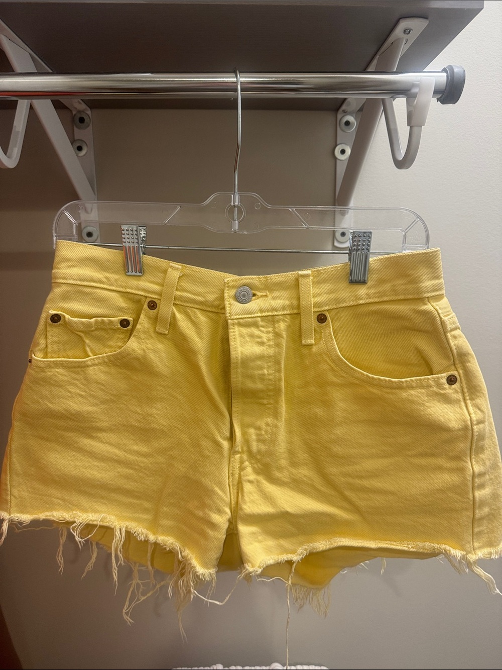 Levi's Bright Yellow Frayed-Hem Denim Shorts